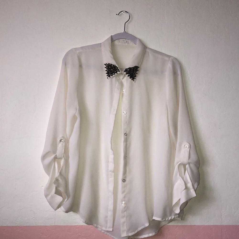 Long or 3/4 sleeve, white, sheer, dress shirt ☁️